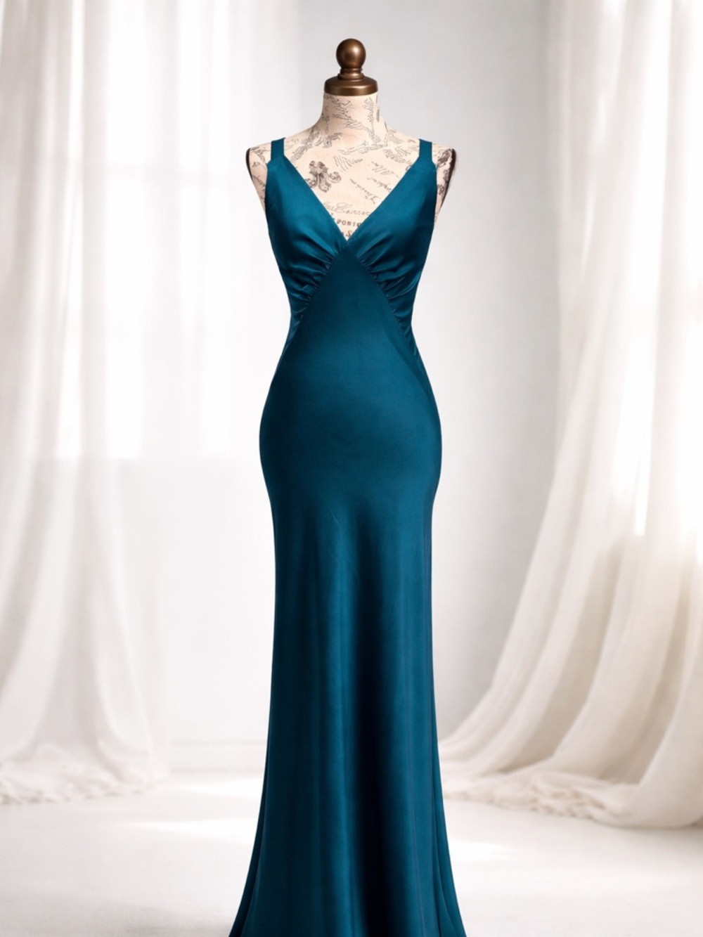 SOLD- House of Harlow 1960 Teal Maxi Dress Satin V-Neck Slip Evening Gown XS